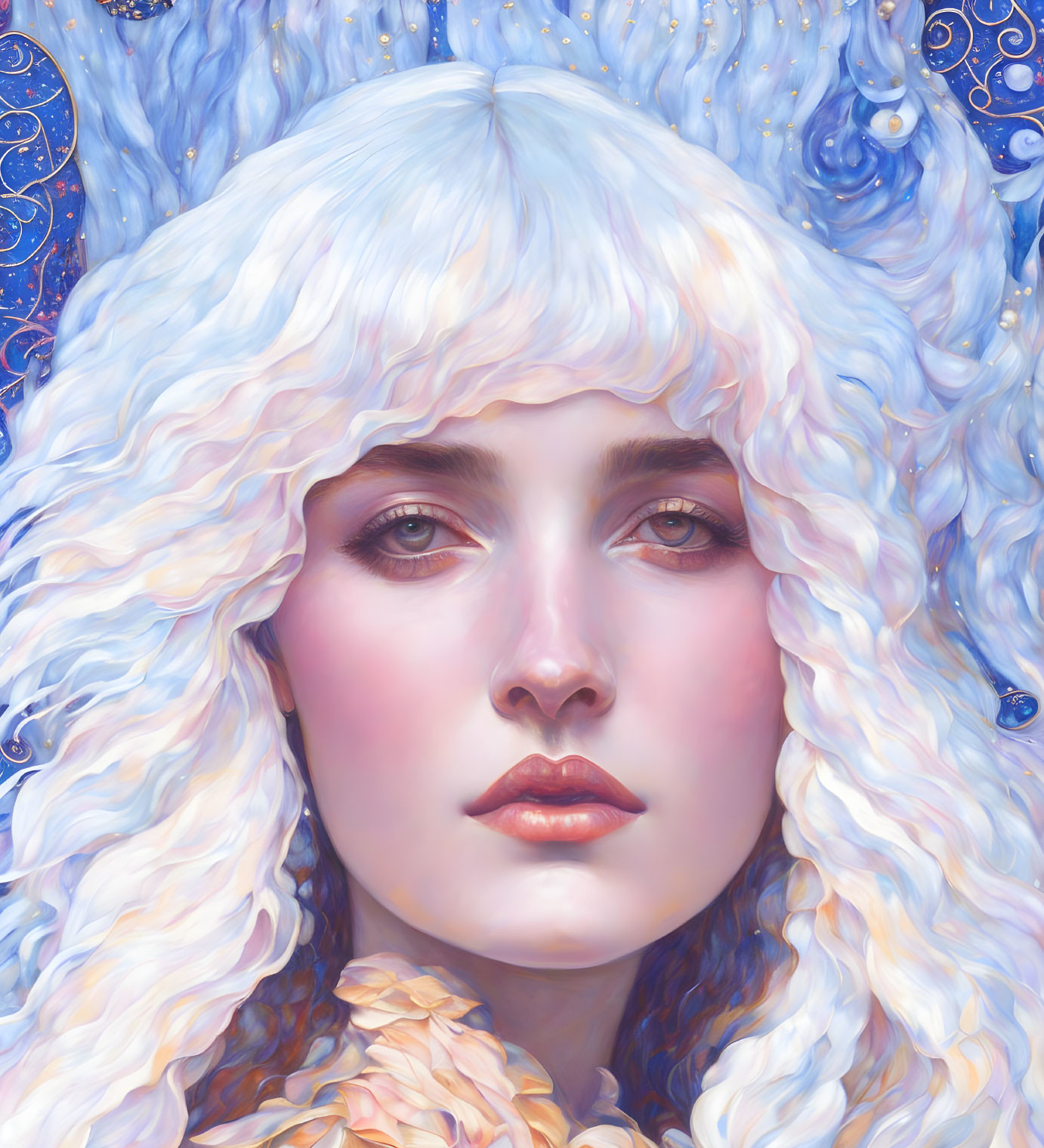 Surreal portrait of woman with white hair and cosmic motifs