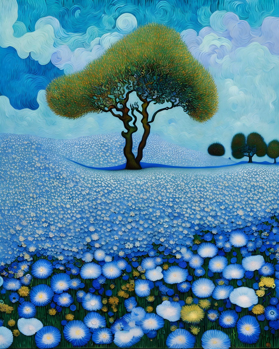 Colorful painting of lone tree on hill with blue flowers and swirling sky