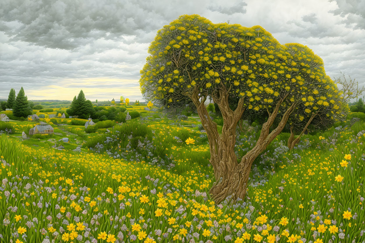 Colorful landscape with blooming tree and meadow under cloudy sky