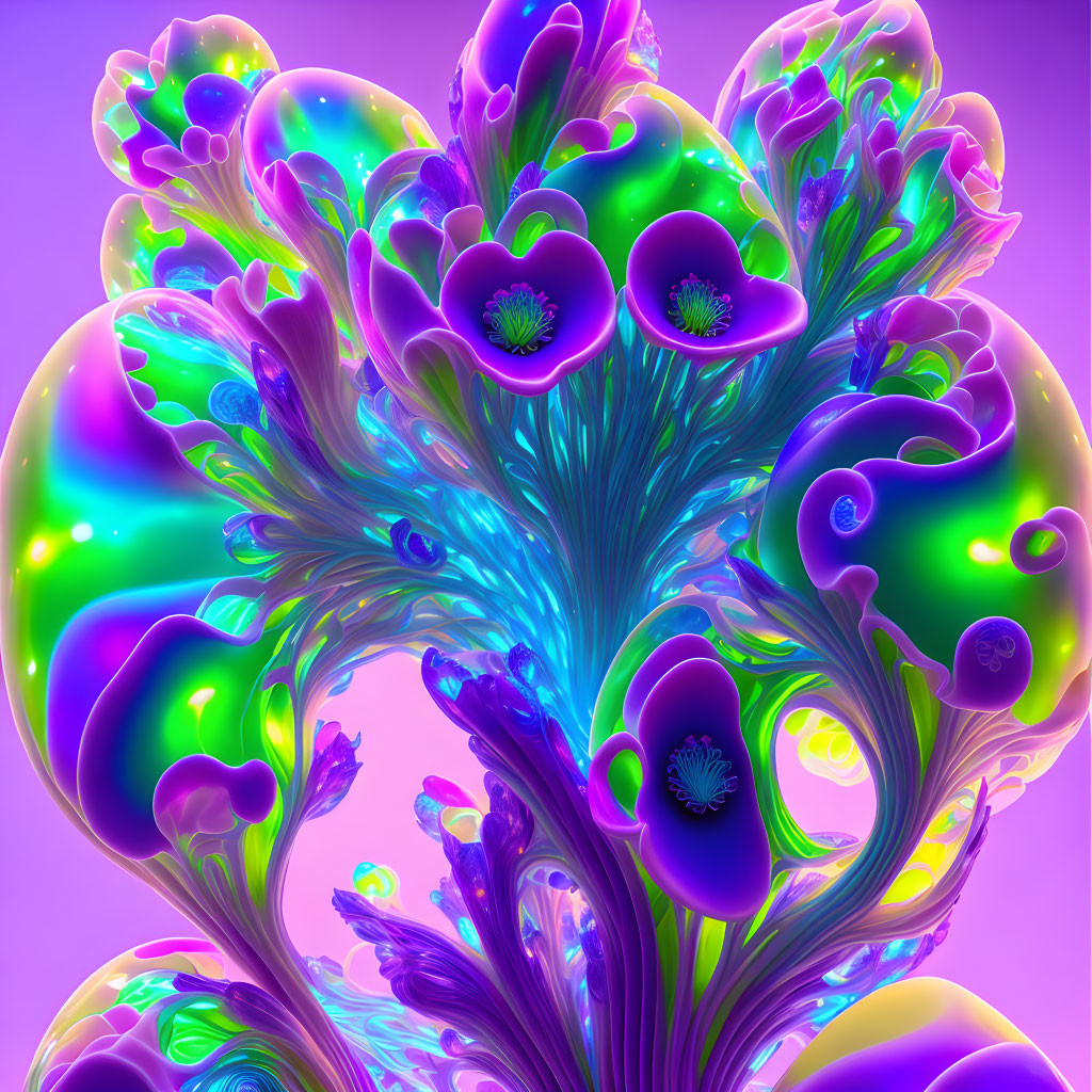 Colorful digital artwork: iridescent neon flowers on purple background