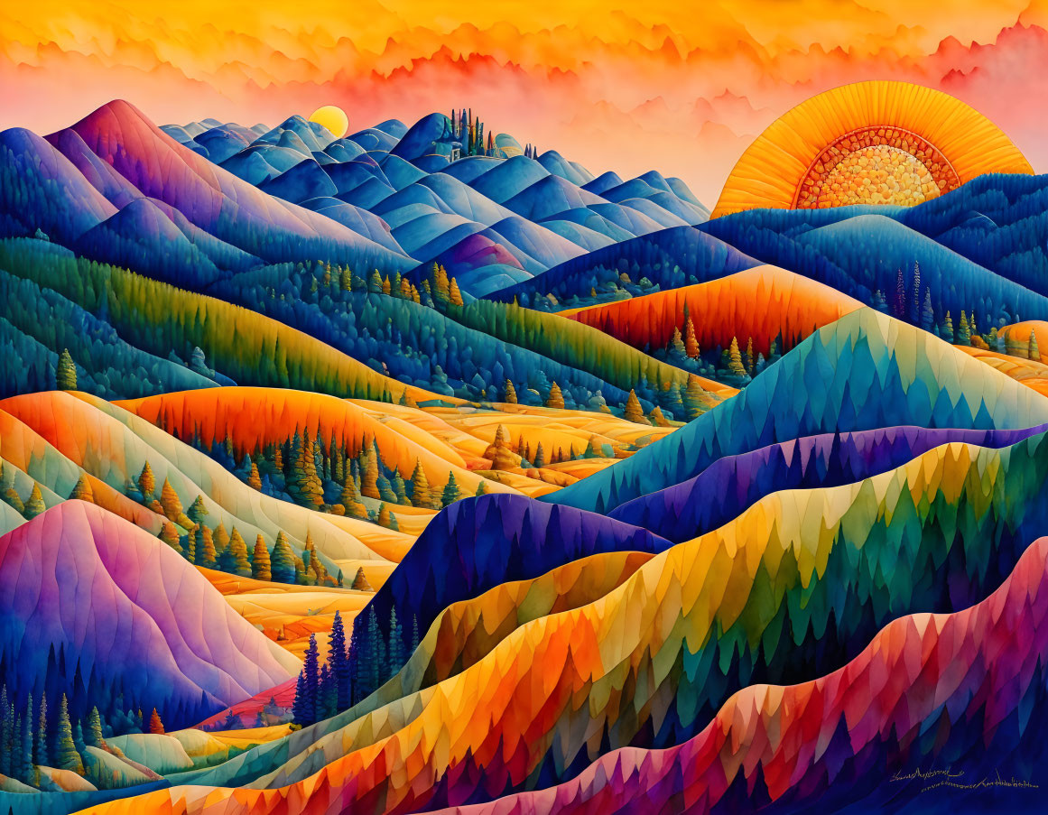 Colorful Stylized Rolling Hills Sunset Landscape