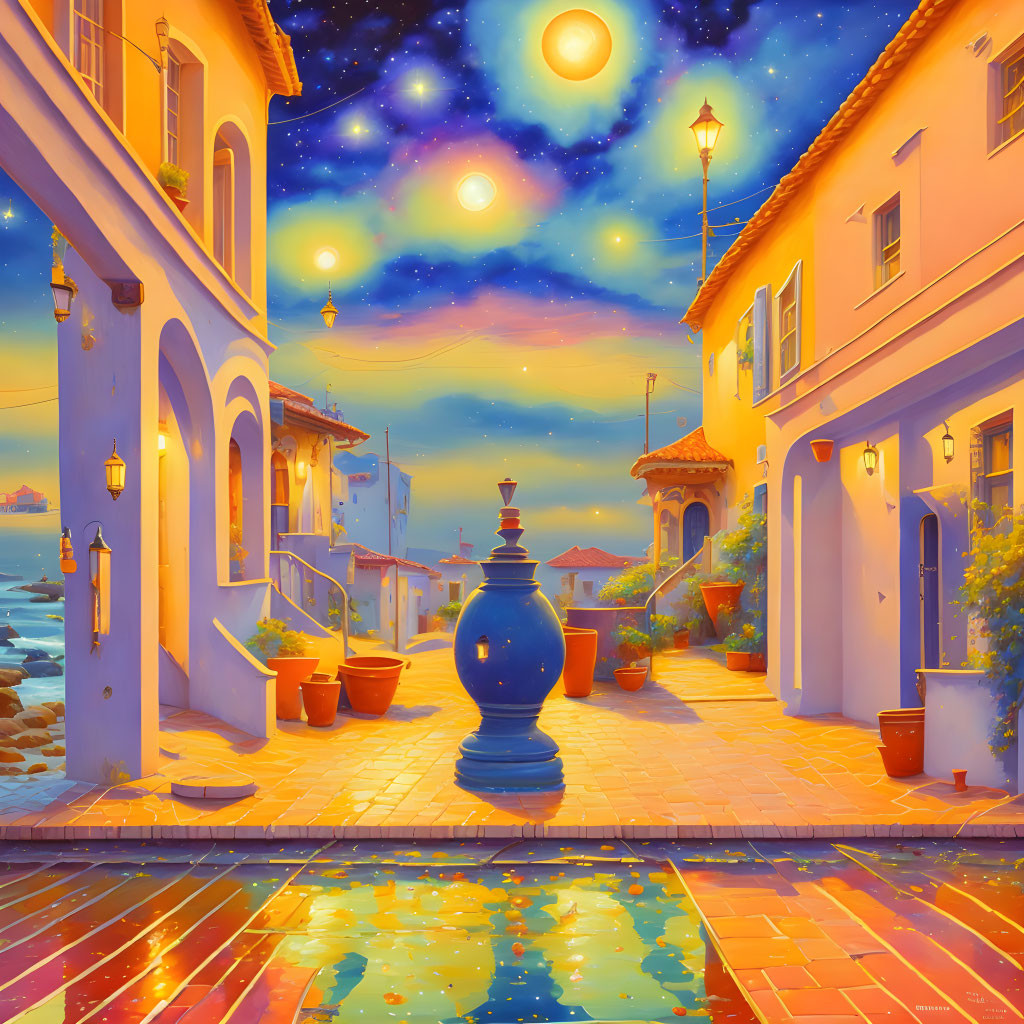 Picturesque Coastal Town: Vibrant Evening Scene with Starry Sky, Cobblestone Street, Color