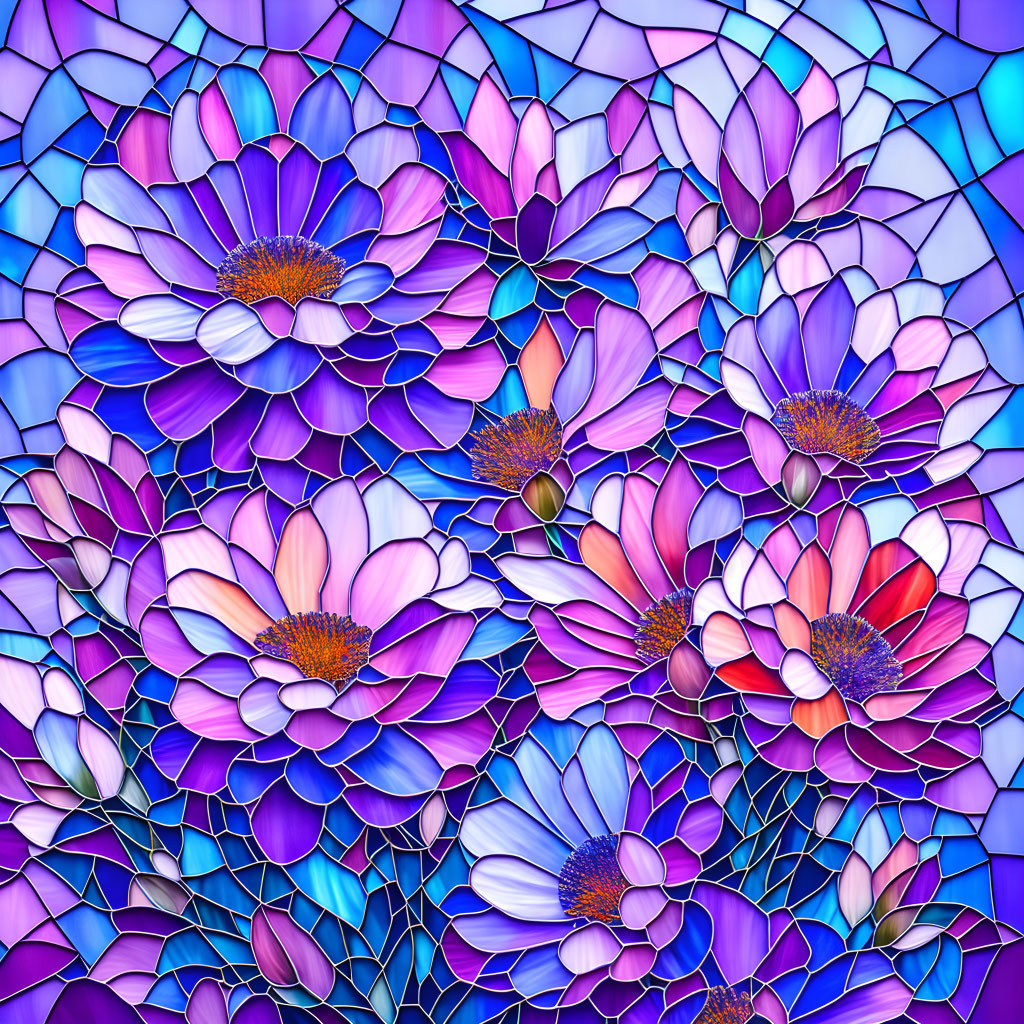 Colorful Stained Glass Artwork Featuring Purple and Blue Flowers