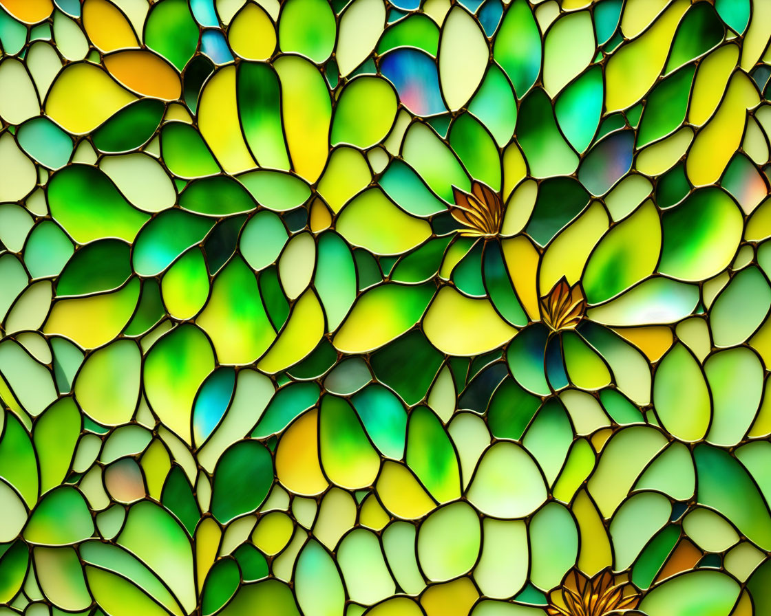 Vibrant Floral Stained Glass Window in Green, Yellow, and Blue