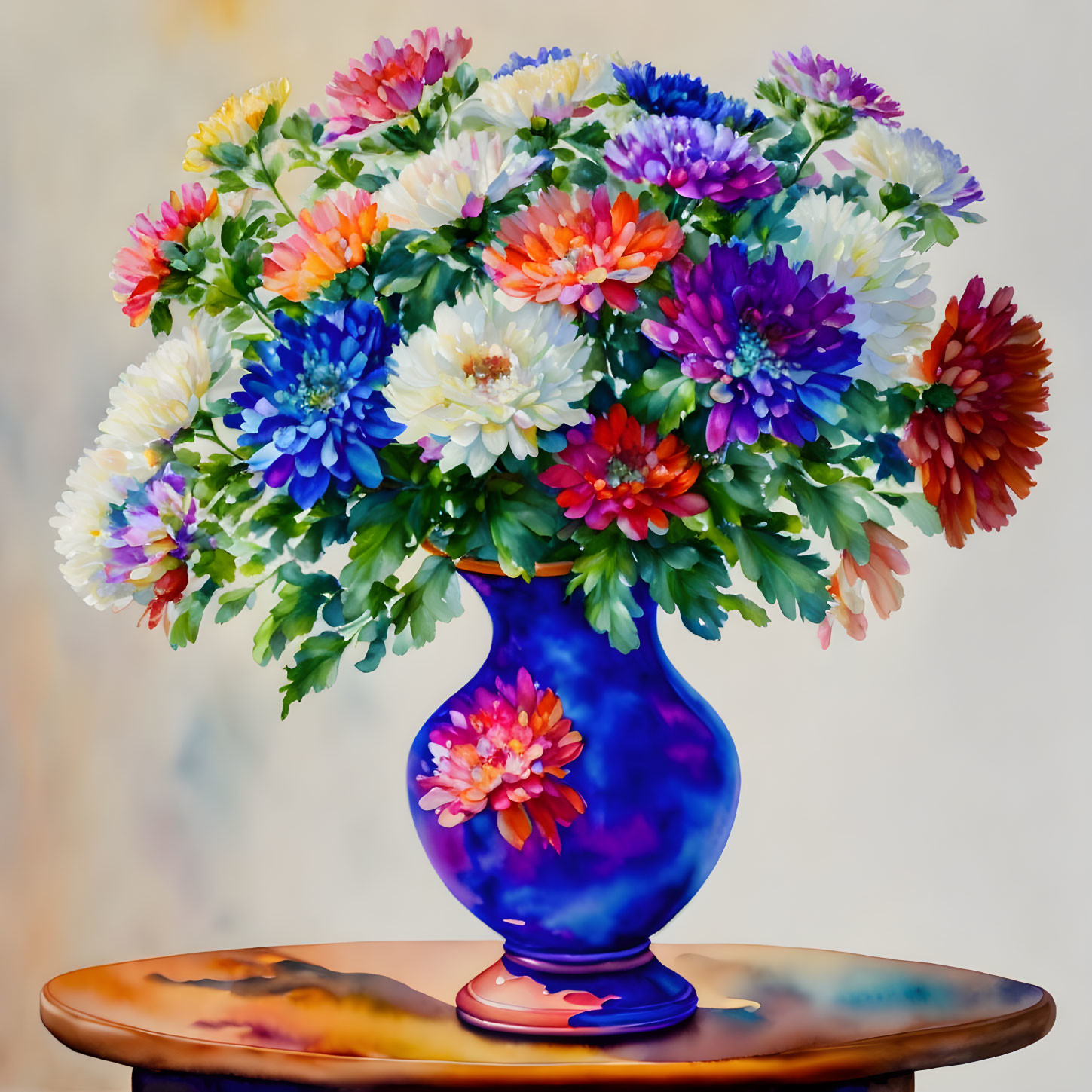 Colorful Flowers Bouquet in Blue Vase on Wooden Table