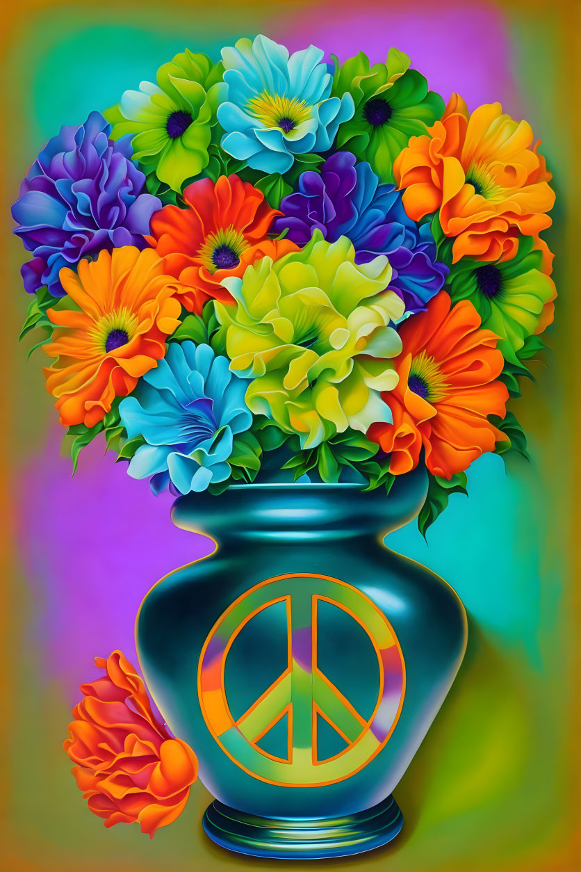 Illustrated flowers bouquet in blue vase with peace symbol on pastel gradient.