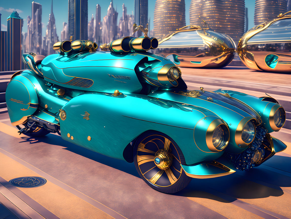 Futuristic turquoise car with gold detailing in urban setting