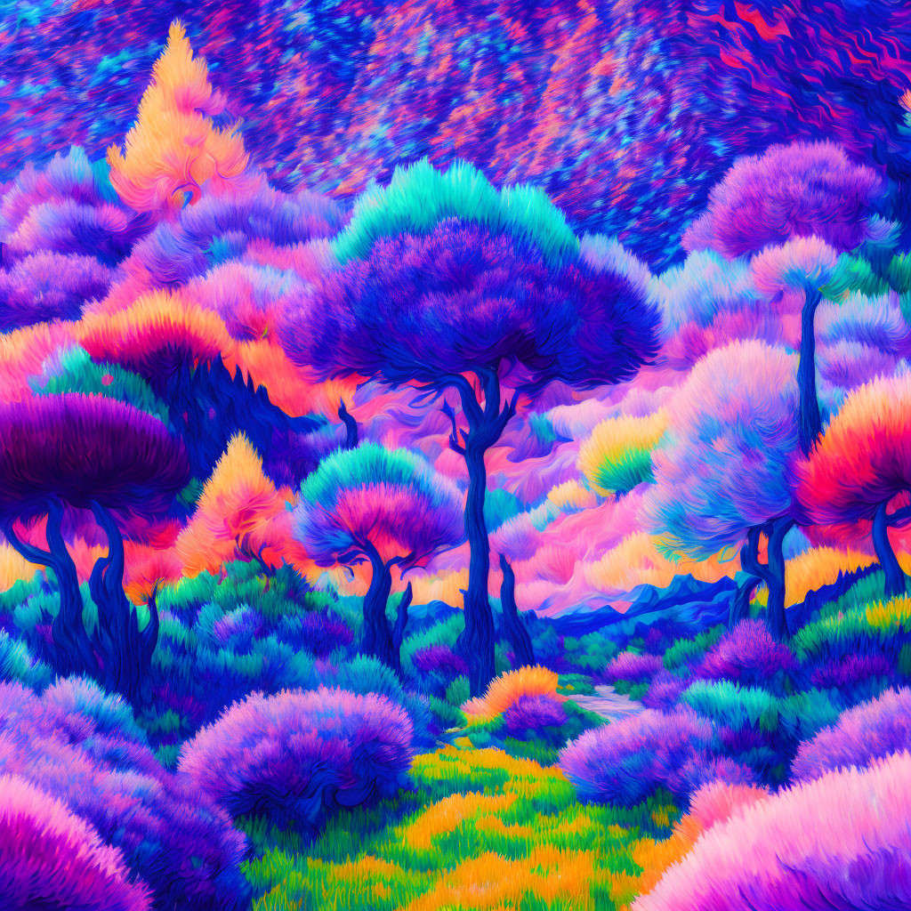 Colorful surreal landscape with neon trees under swirling sky