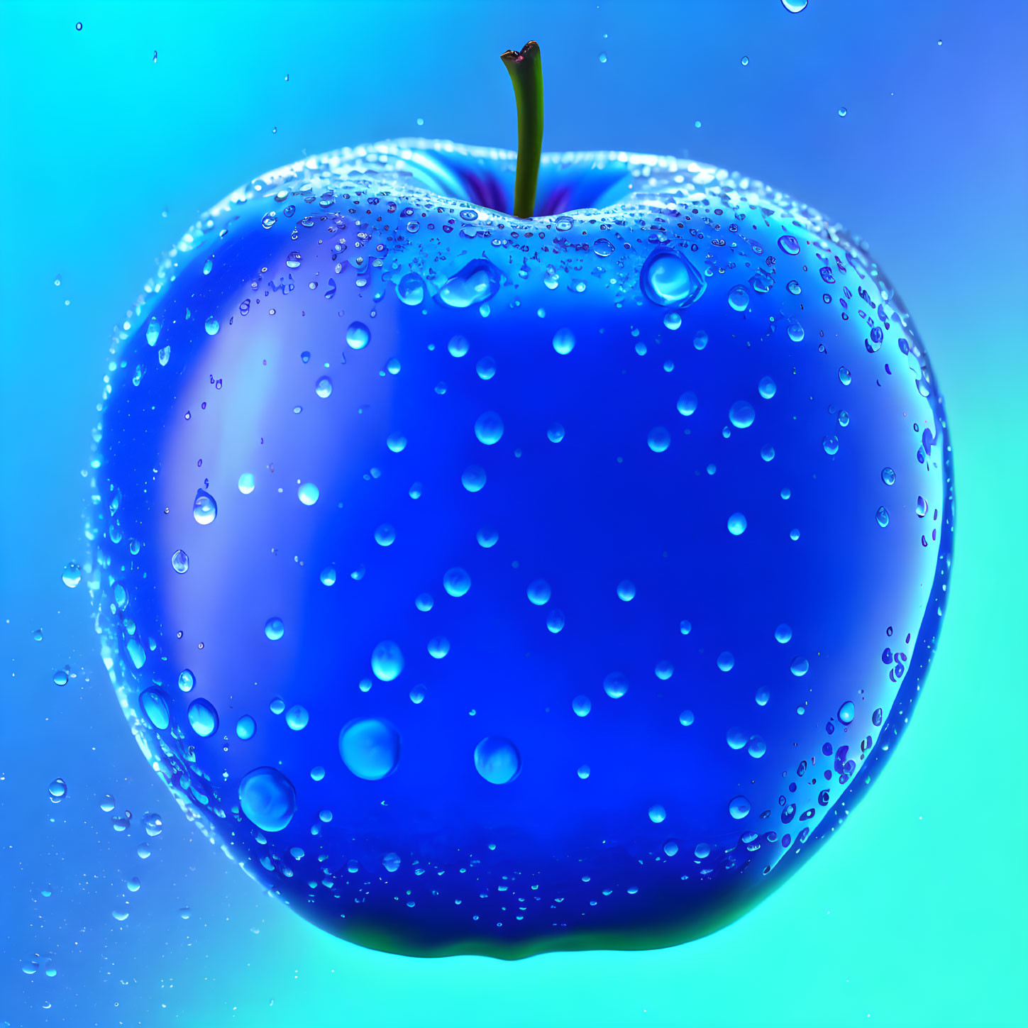 Vivid Blue Apple with Water Droplets on Gradient Background