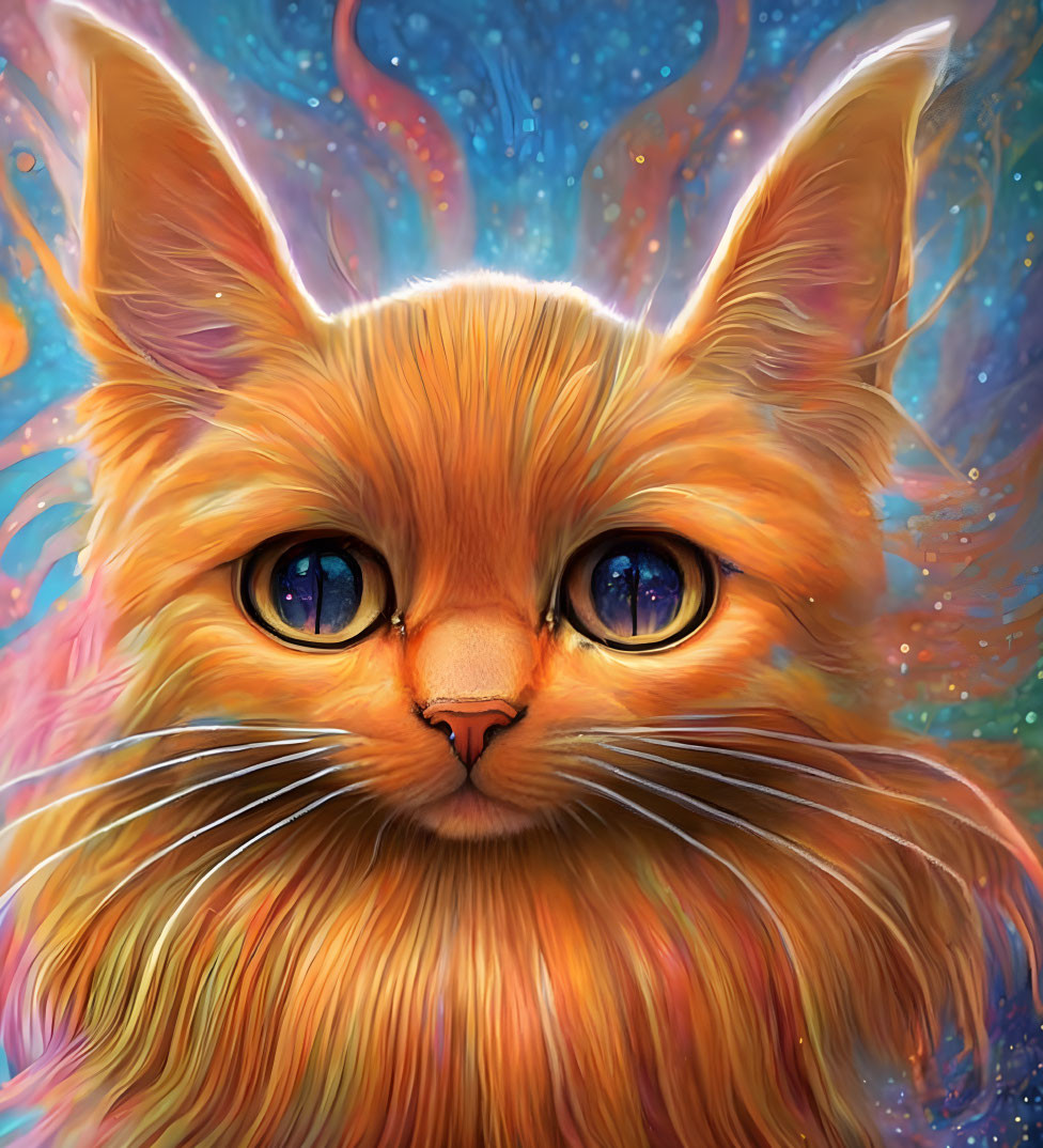 Colorful Digital Art: Orange Cat with Blue Eyes in Cosmic Background