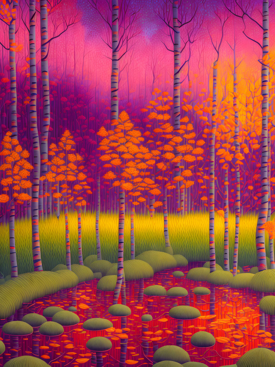 Colorful Fantasy Forest with Purple Trees and Red-Orange Pond