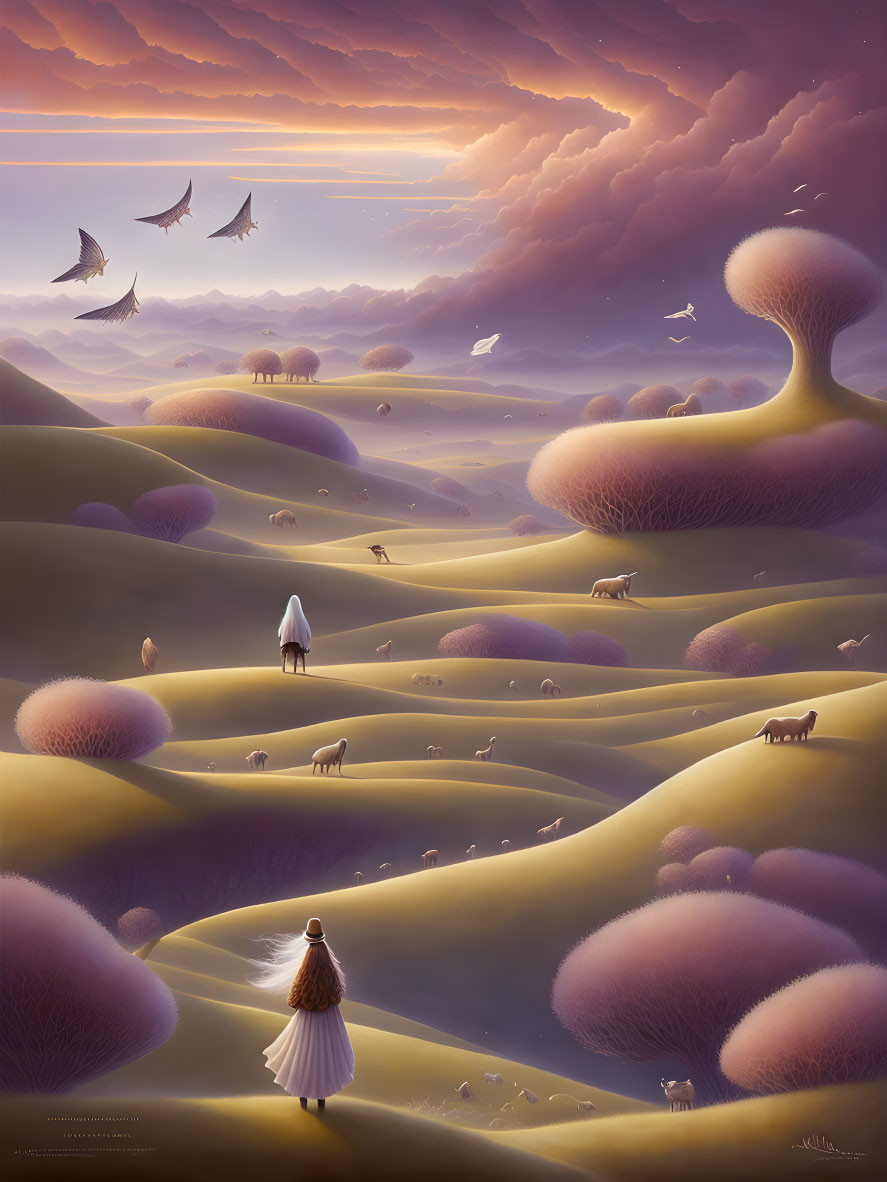 Surreal landscape with person, rolling hills, whimsical trees, animals, and birds under purple