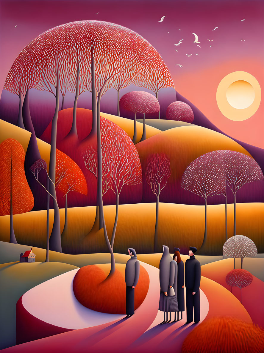 Vibrant sunset landscape with whimsical trees and figures