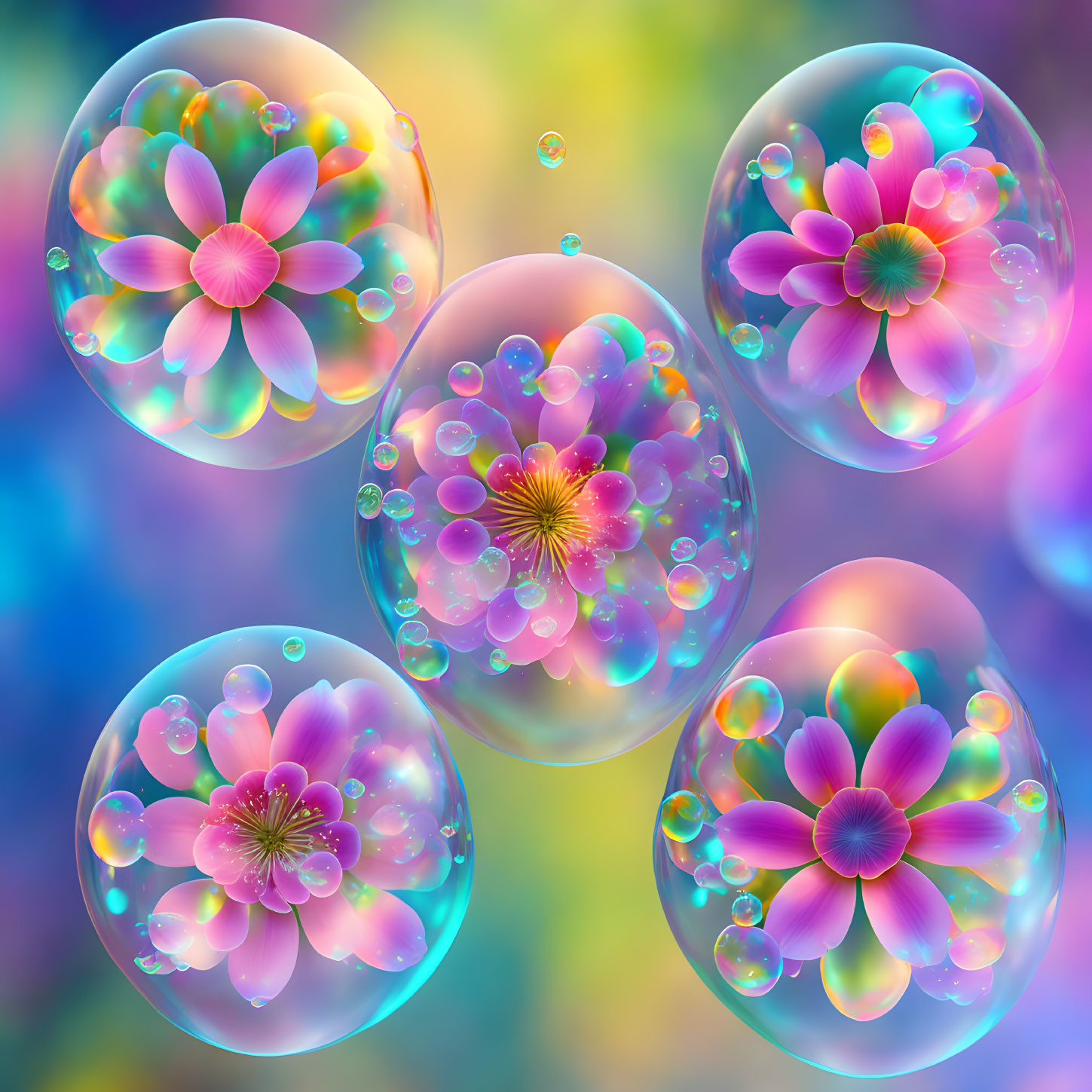 Colorful Bokeh Background with Vibrant Flower-Filled Bubbles