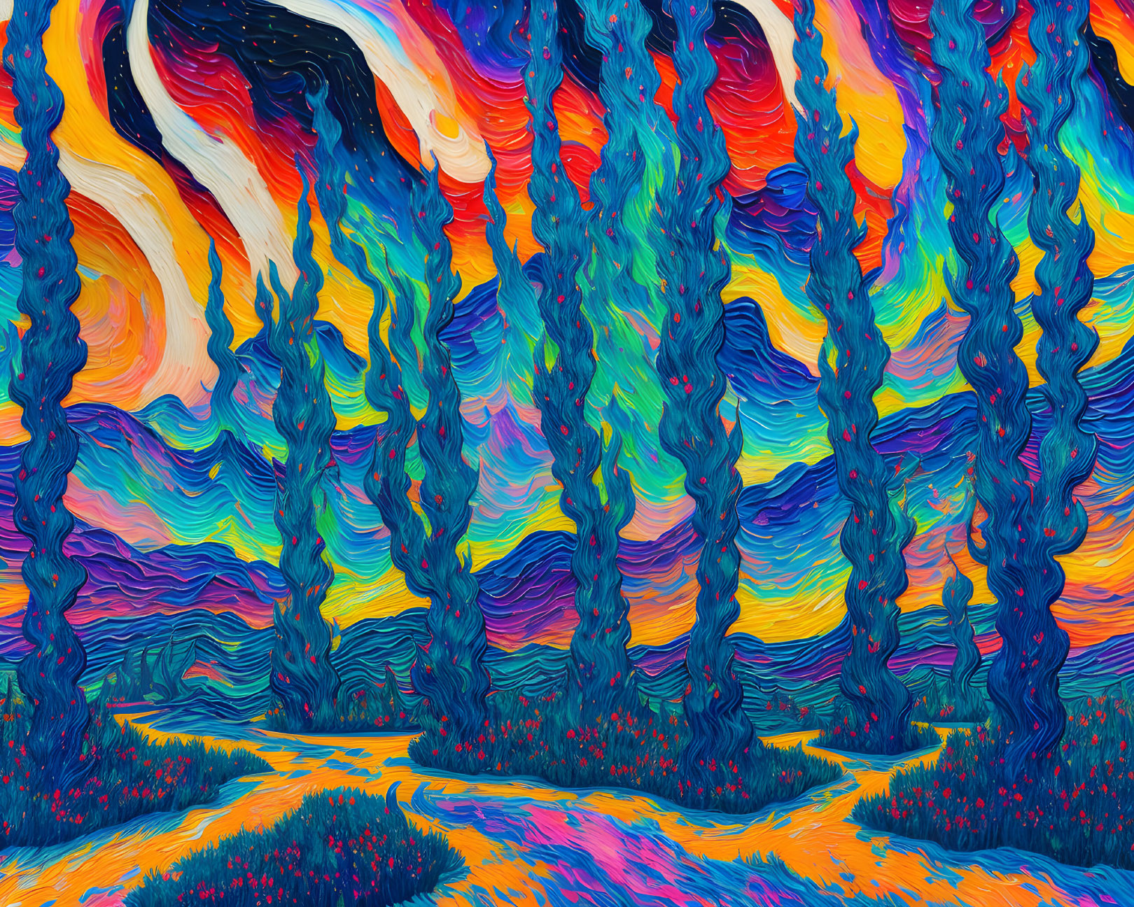 Colorful, swirl-patterned landscape with wavy trees and dynamic sky