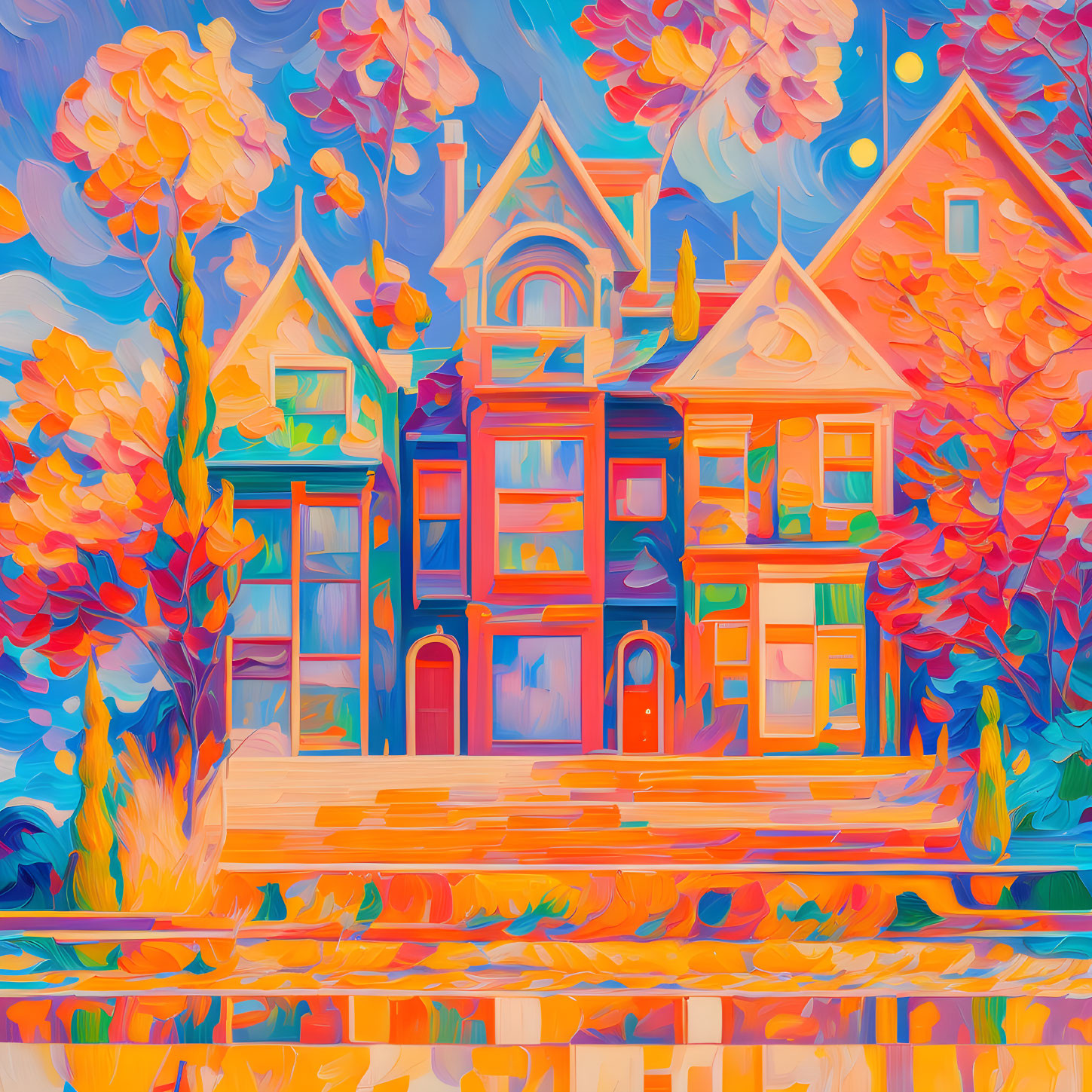 Vibrant autumn scene with colorful Victorian houses and swirling forms