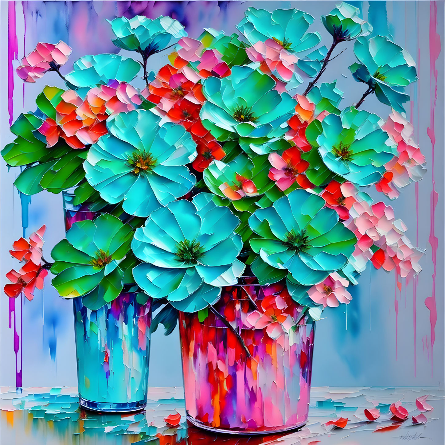 Vibrant turquoise and pink flower painting on canvas