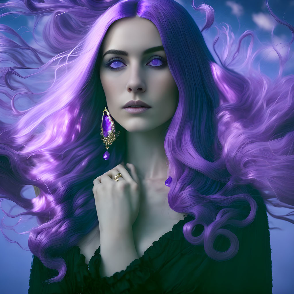 Vibrant purple hair woman with striking blue eyes in dark attire