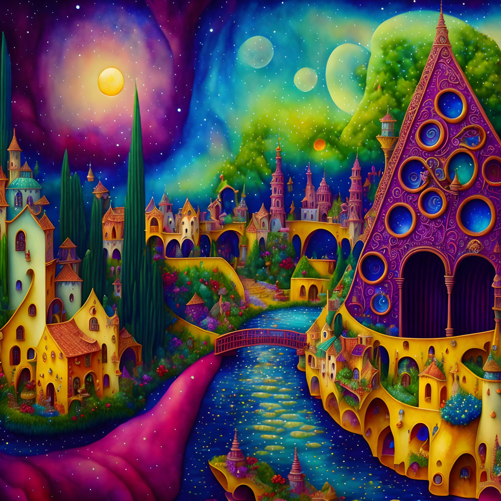 Fantasy landscape with whimsical structures, bridge, and cosmic sky