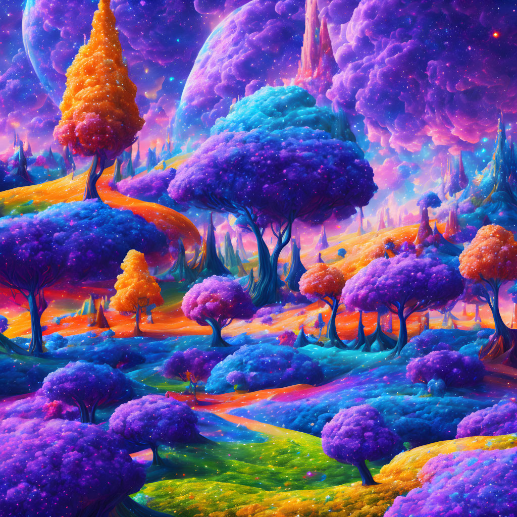 Colorful fantasy landscape with purple foliage and ringed planet