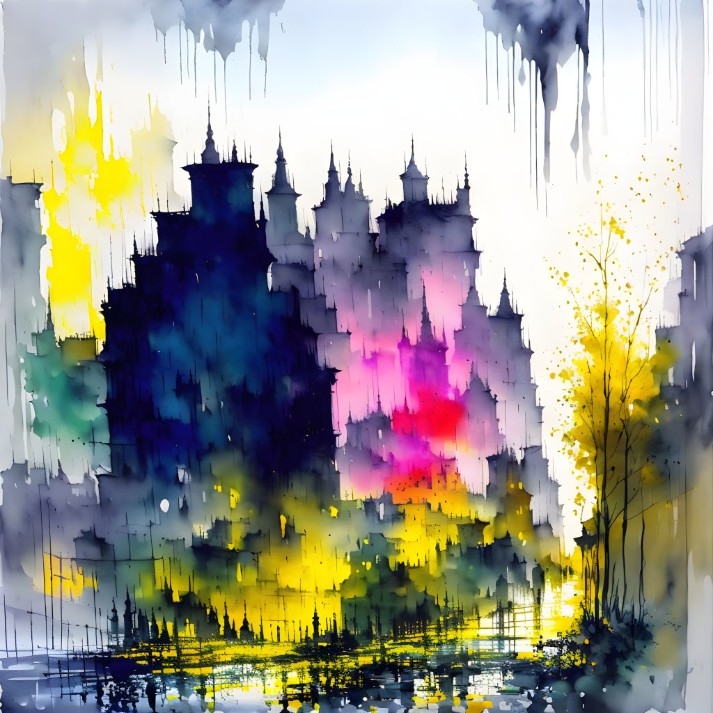 Colorful Abstract Cityscape Watercolor Painting with Dripping Paint