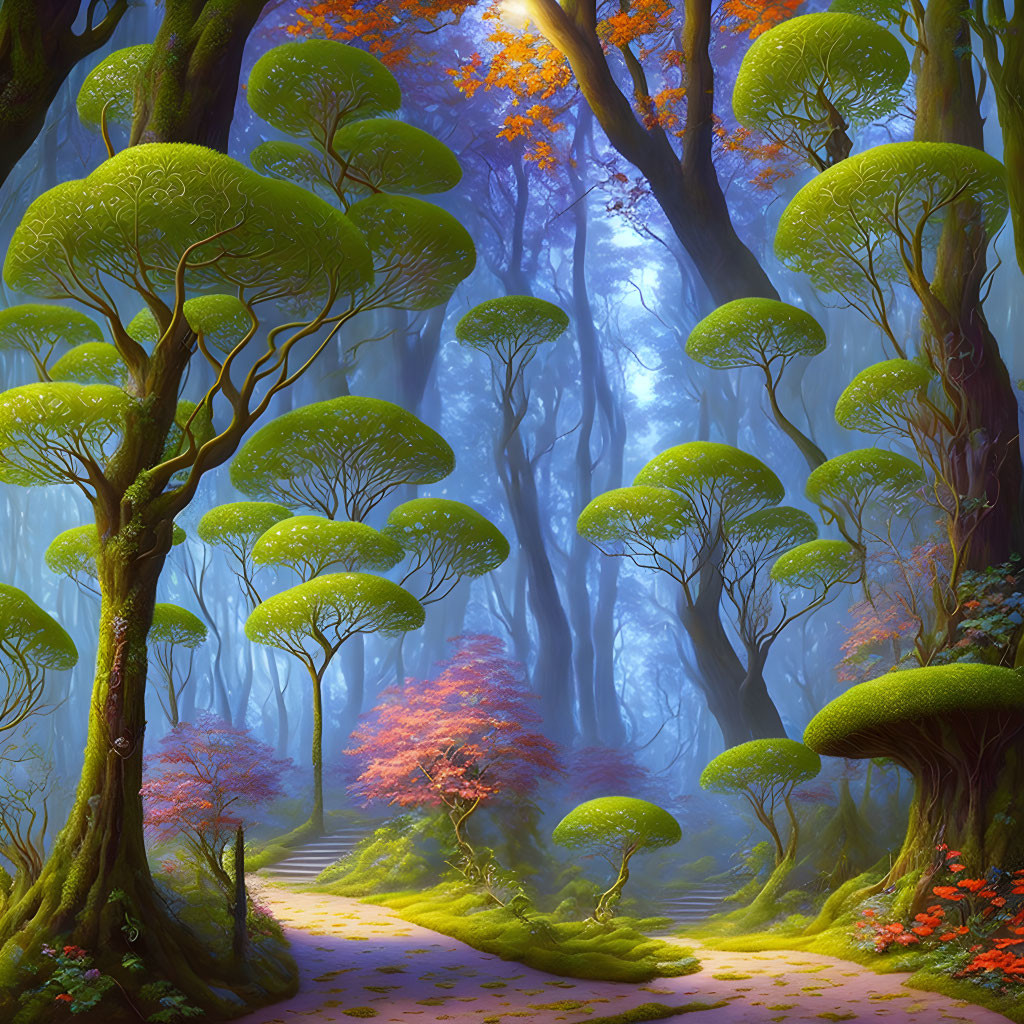 Mystical forest with vibrant green trees and orange foliage