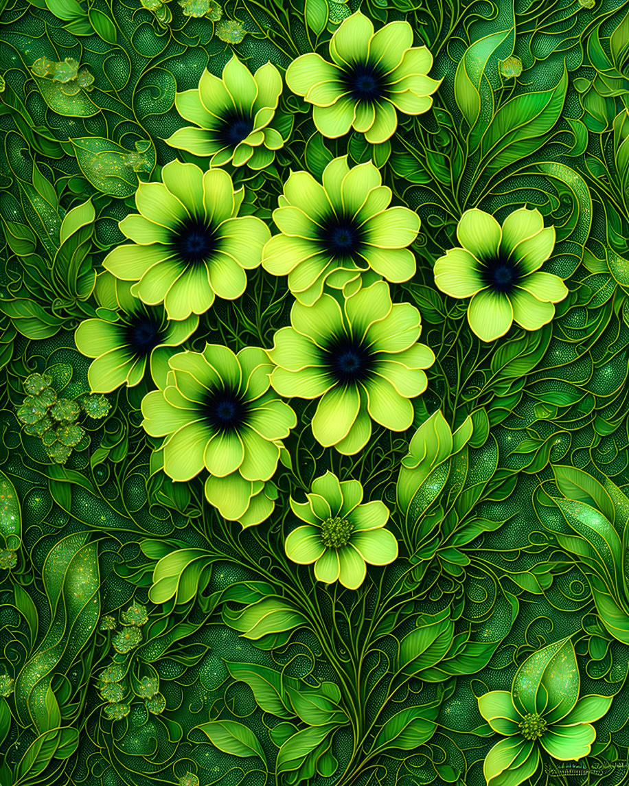 Colorful digital artwork with green and yellow flowers on deep green background