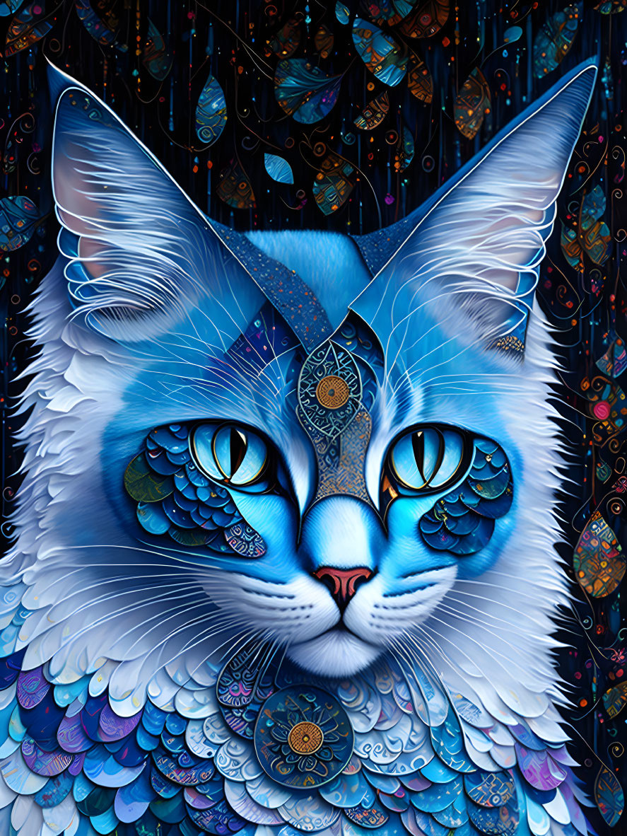 Colorful Cat Illustration with Blue Hues and Intricate Details