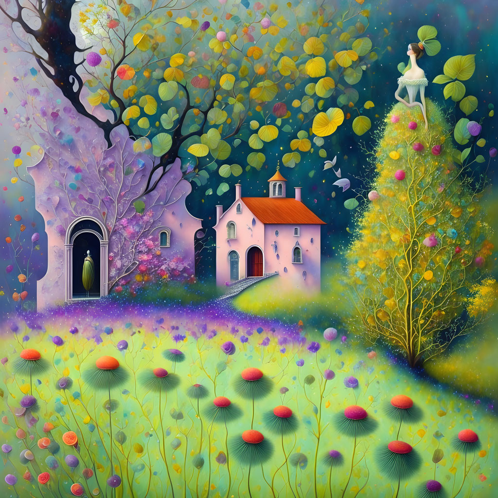 Colorful Trees, Quaint House, Figure on Tree: Whimsical Artwork with Dreamy