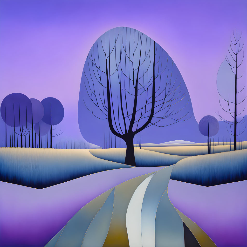 Stylized landscape with winding path, bare tree, purple sky, blue trees, and rolling hills