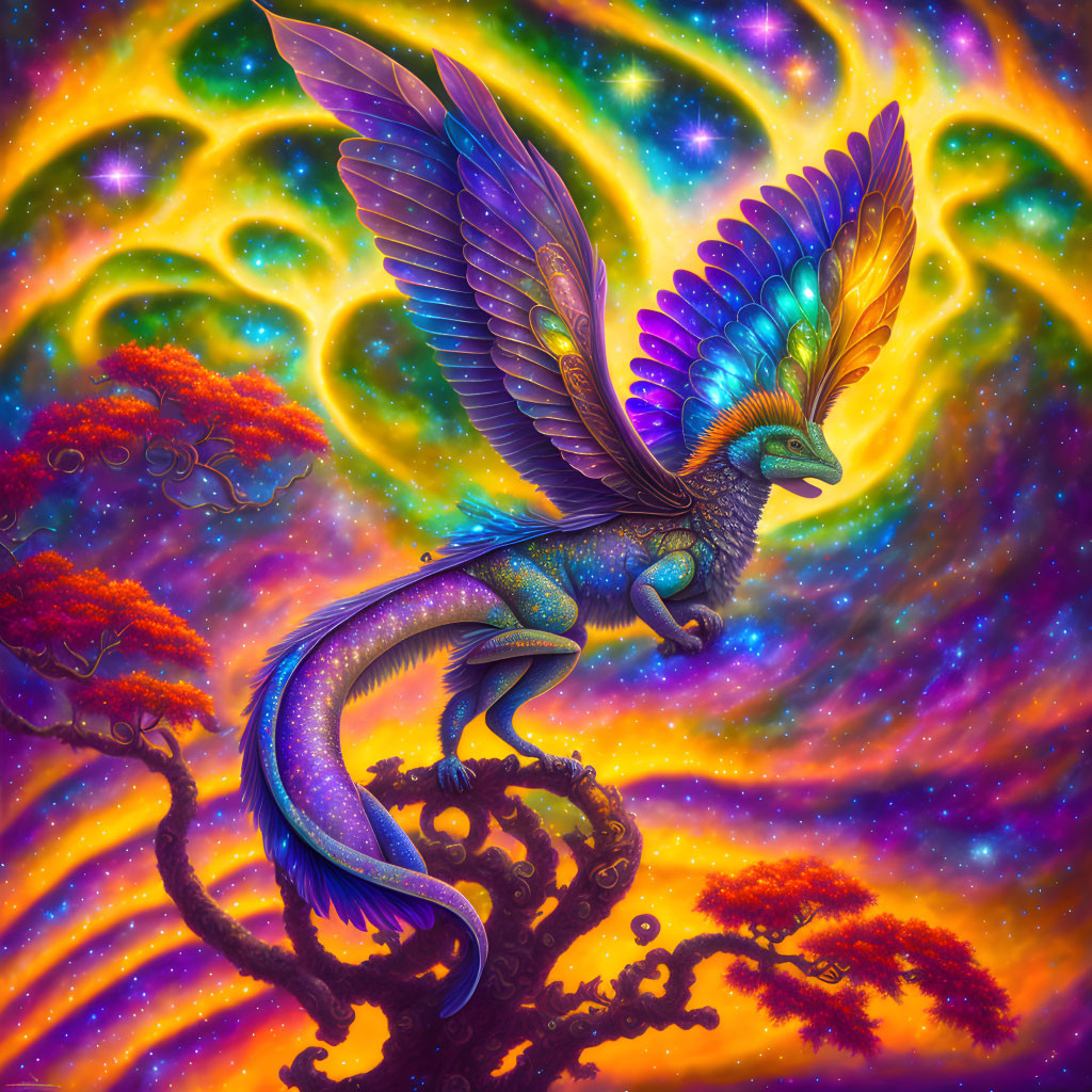 Colorful Mythical Dragon Perched on Twisted Tree in Cosmic Setting