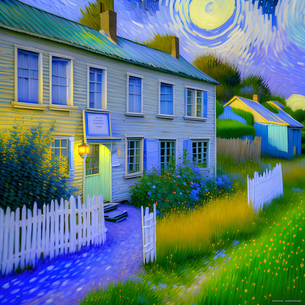 Colorful digital art: Van Gogh style night sky with cozy house & picket fence