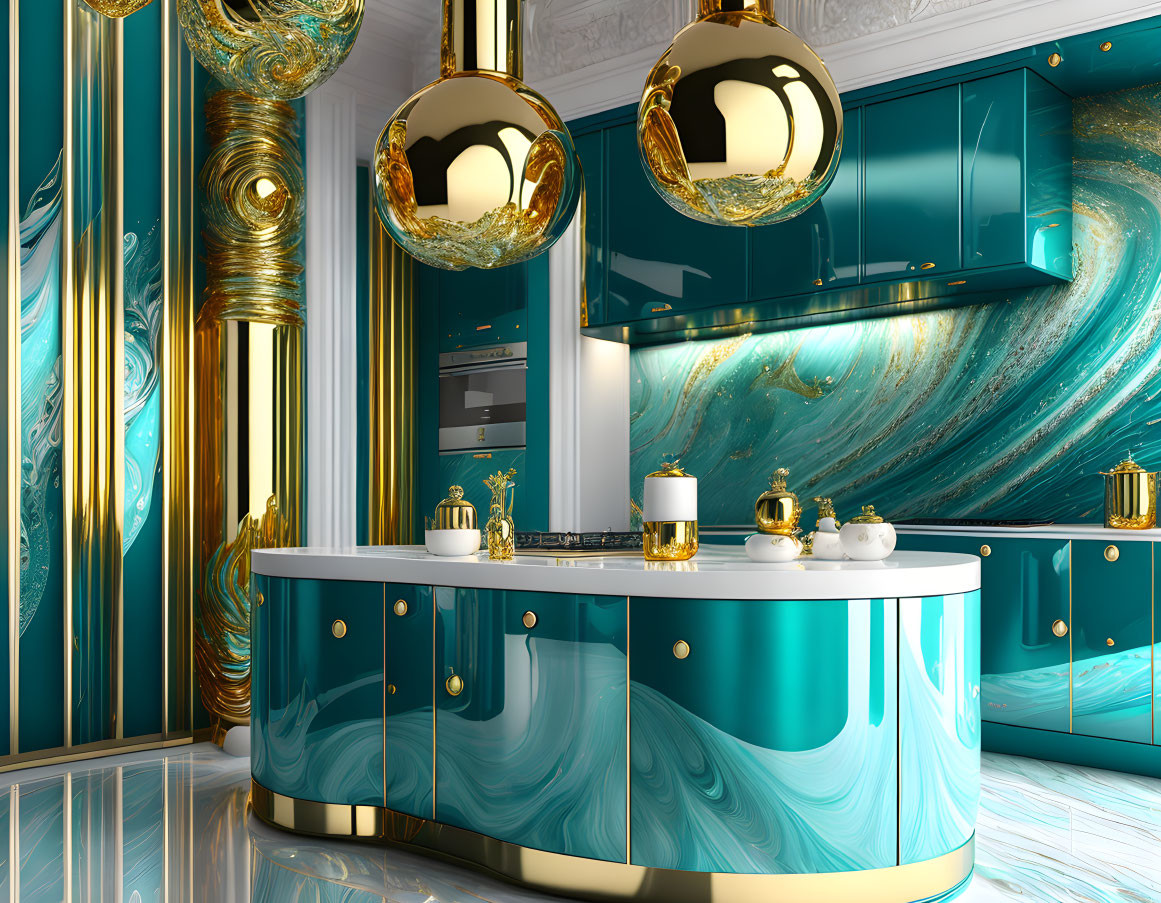 Modern teal vanity, gold accents, ornate mirrors, marble floors - luxurious and contemporary design