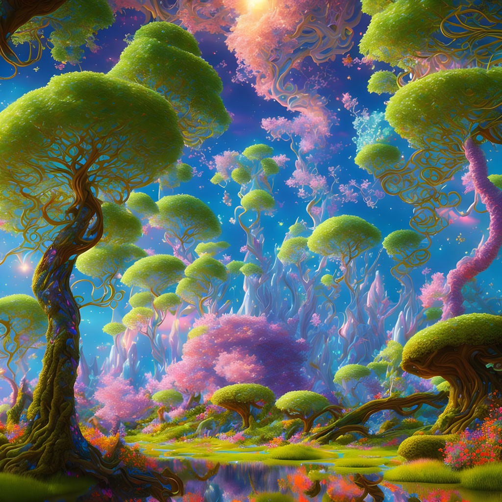 Fantastical landscape with whimsical trees and magical sky