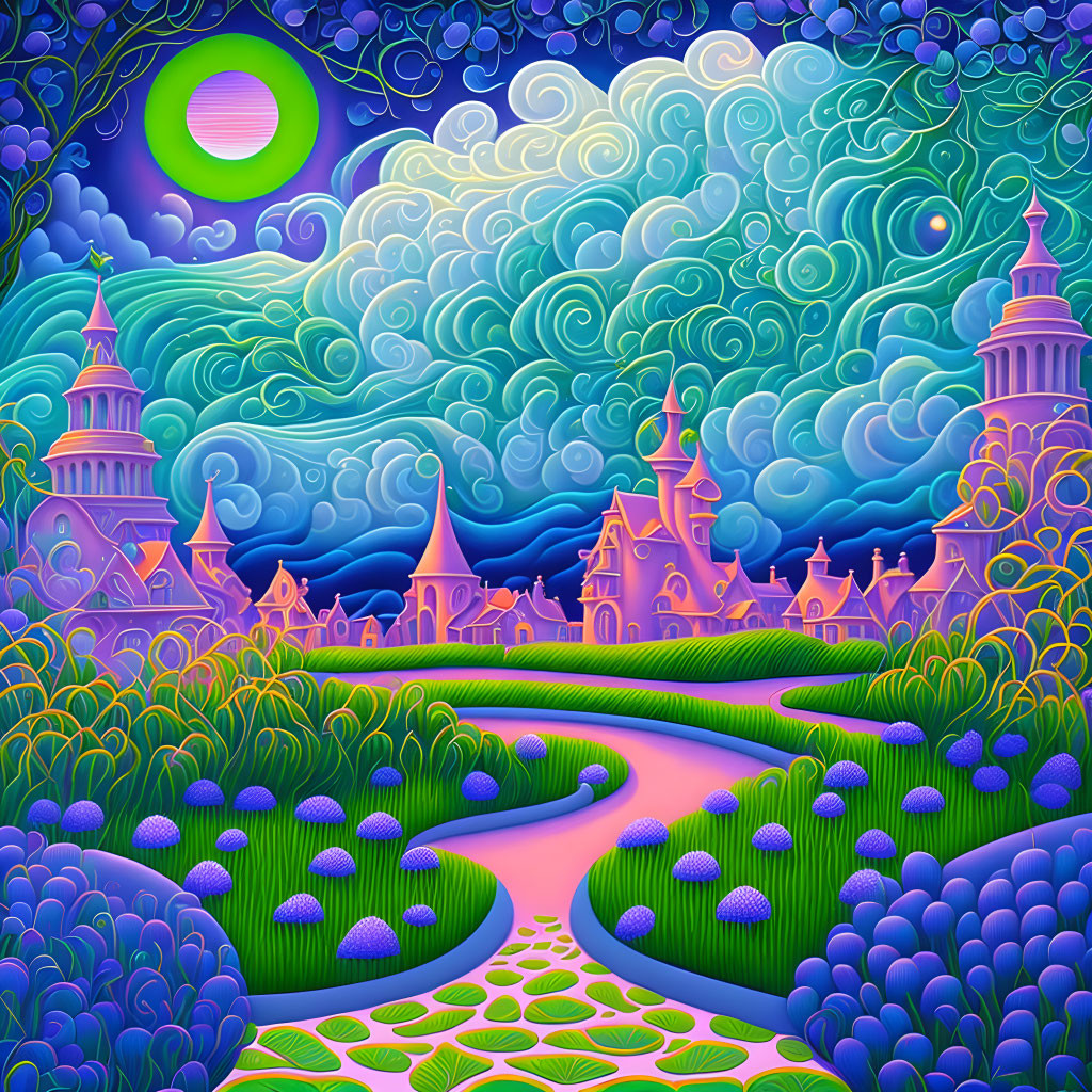 Vibrant fantasy landscape with castles, pink path, whimsical flora