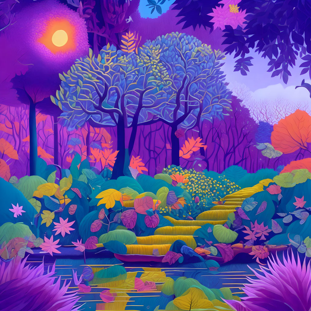 Stylized sunset forest with purple tones, whimsical trees, and serene water