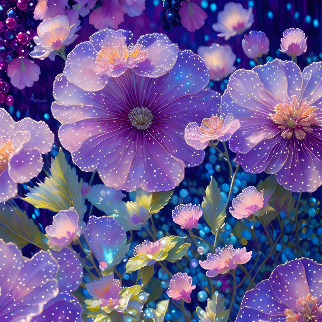 Digital artwork: Luminescent purple flowers on mystical blue background