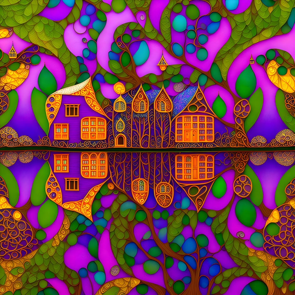 Colorful, patterned houses and stylized trees on vibrant purple and green backdrop