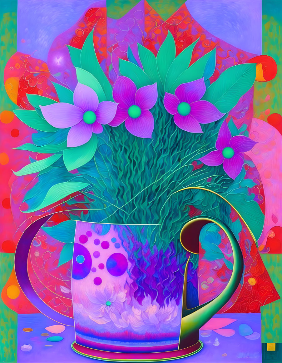 Colorful Psychedelic Flower Bouquet in Teacup Artwork