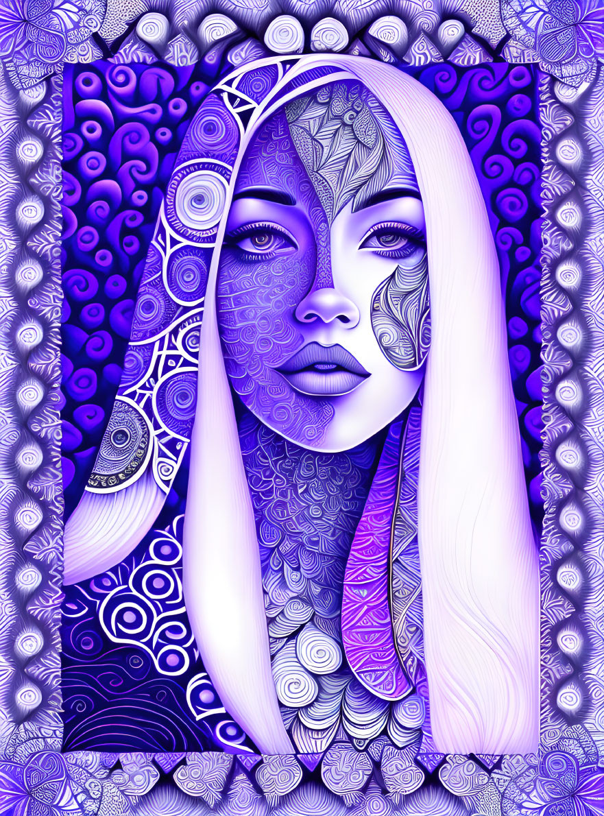 Stylized woman with white hair and intricate patterns on face in digital art.