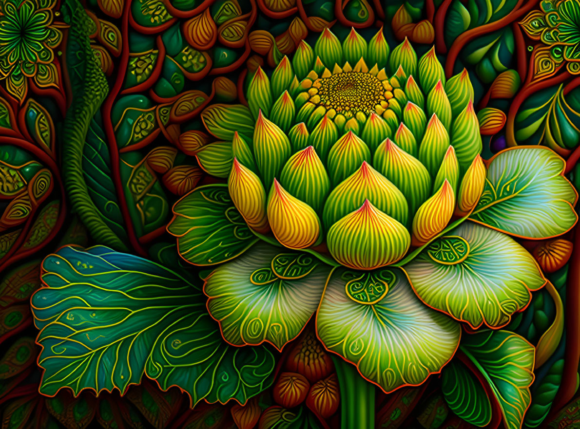 Colorful Stylized Lotus Flower Artwork with Intricate Patterns