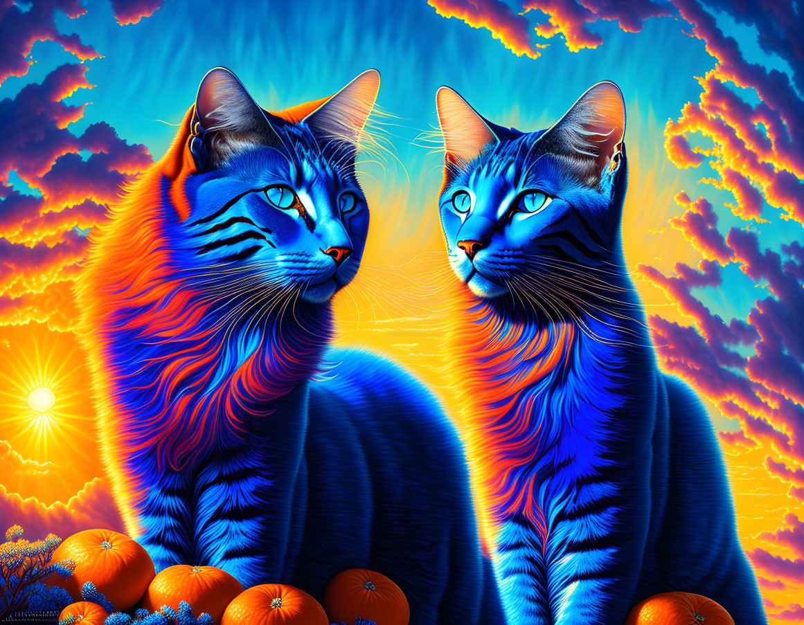 Vibrant blue and orange stylized cats in colorful sunset scene