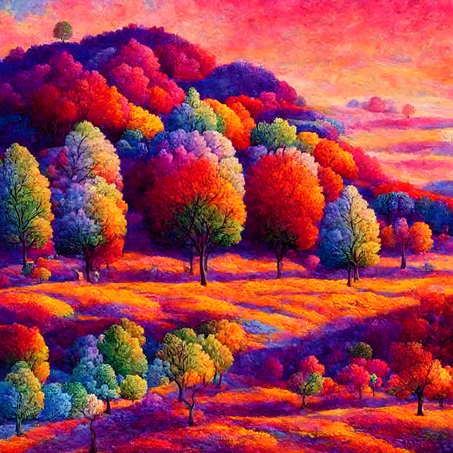 Colorful Autumn Landscape with Rolling Hills and Red Purple Sky