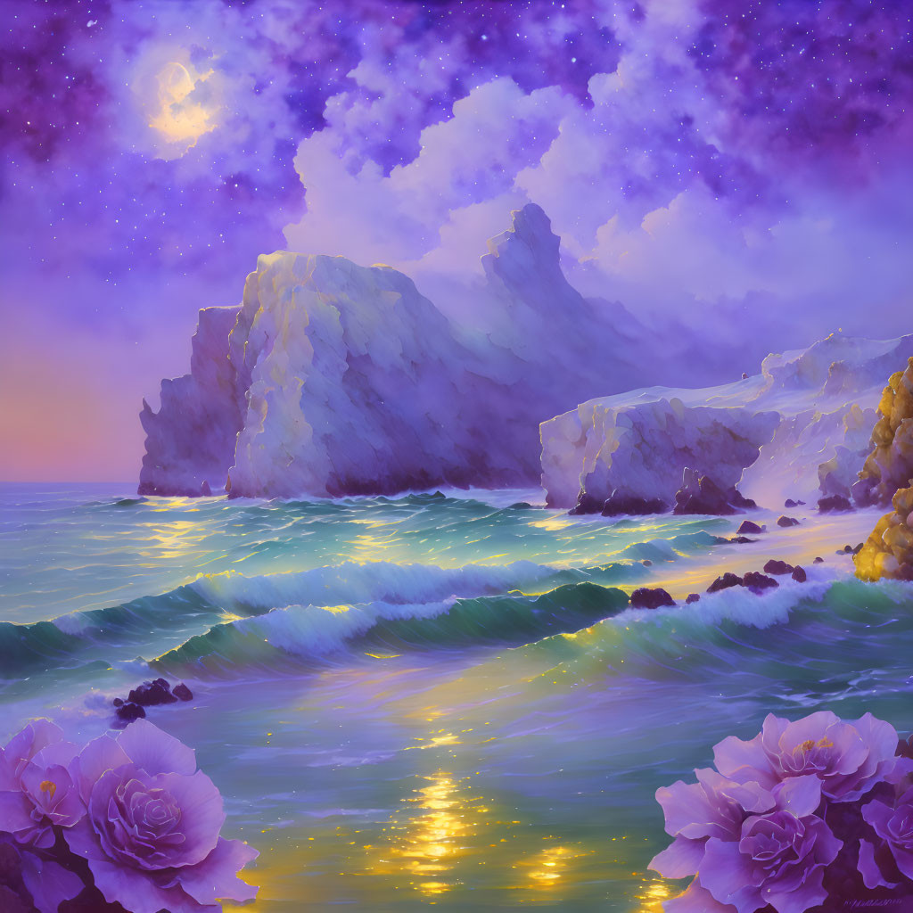 Fantasy seascape with purple sky, moon, stars, glowing waves, cliffs, and vibrant flowers