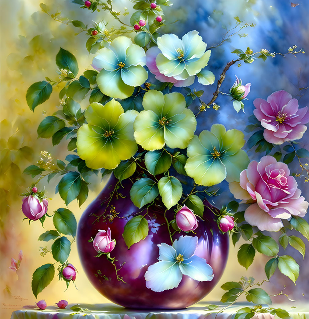 Colorful Flower Painting in Purple Vase on Blurred Background