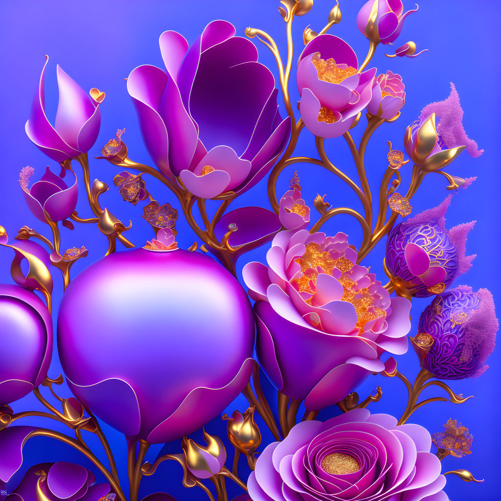 Colorful digital art: Purple flowers, gold orbs on blue background