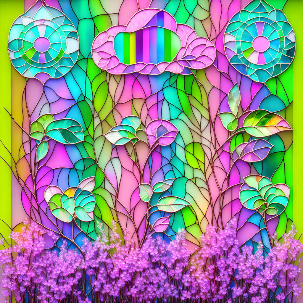 Colorful stained glass window with floral and geometric patterns.