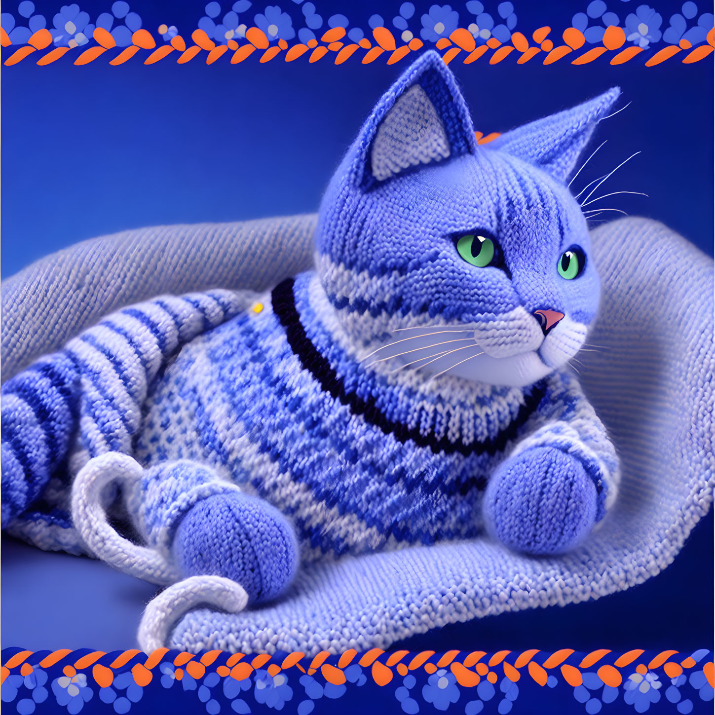 Striped Blue and White Knitted Toy Cat with Green Eyes on Matching Fabric