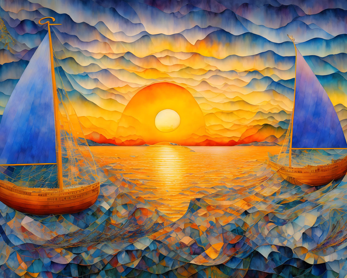 Sailboats on wavy ocean with setting sun and textured sky