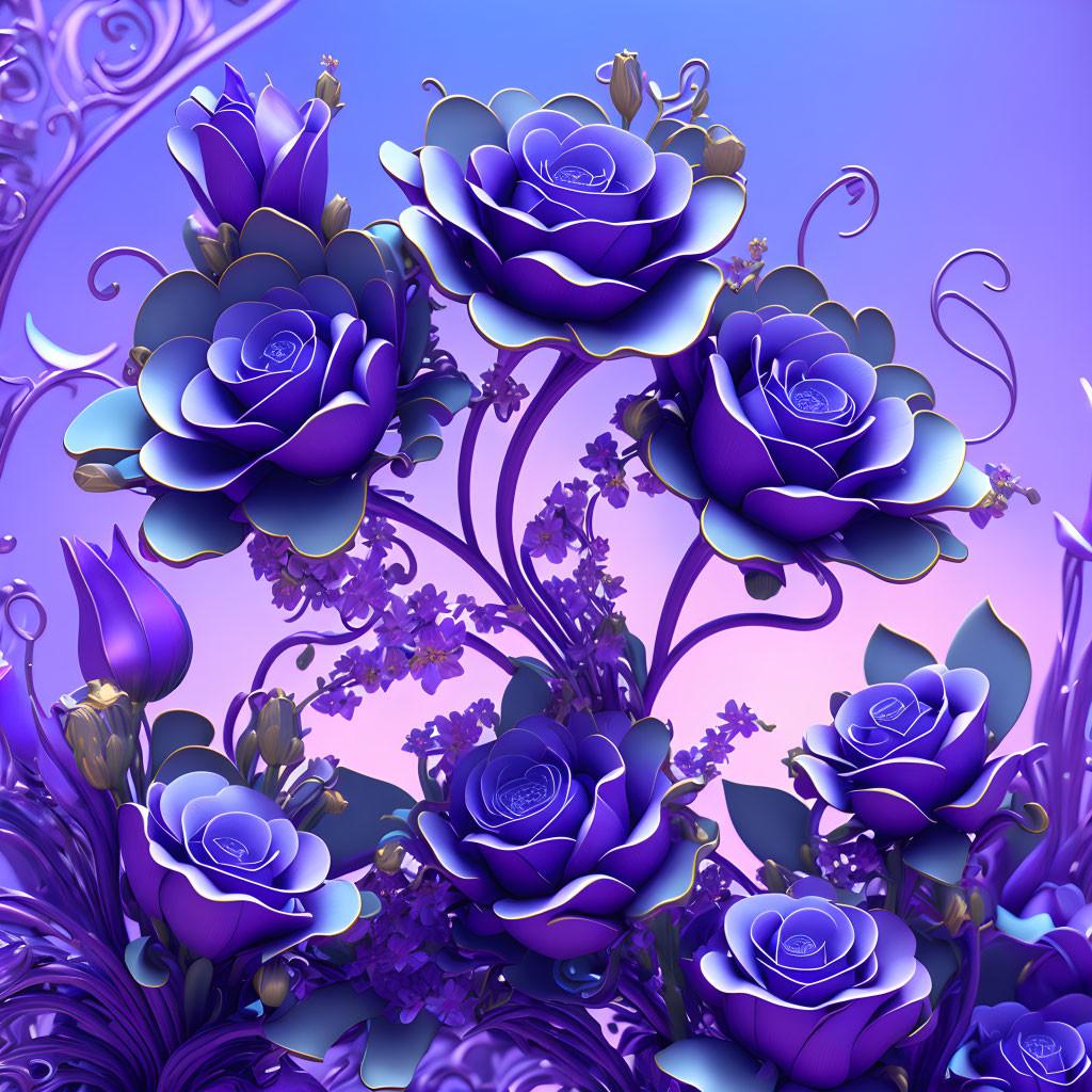 Colorful digital artwork: Full-bloom roses in purple and blue with golden details on soft blue backdrop